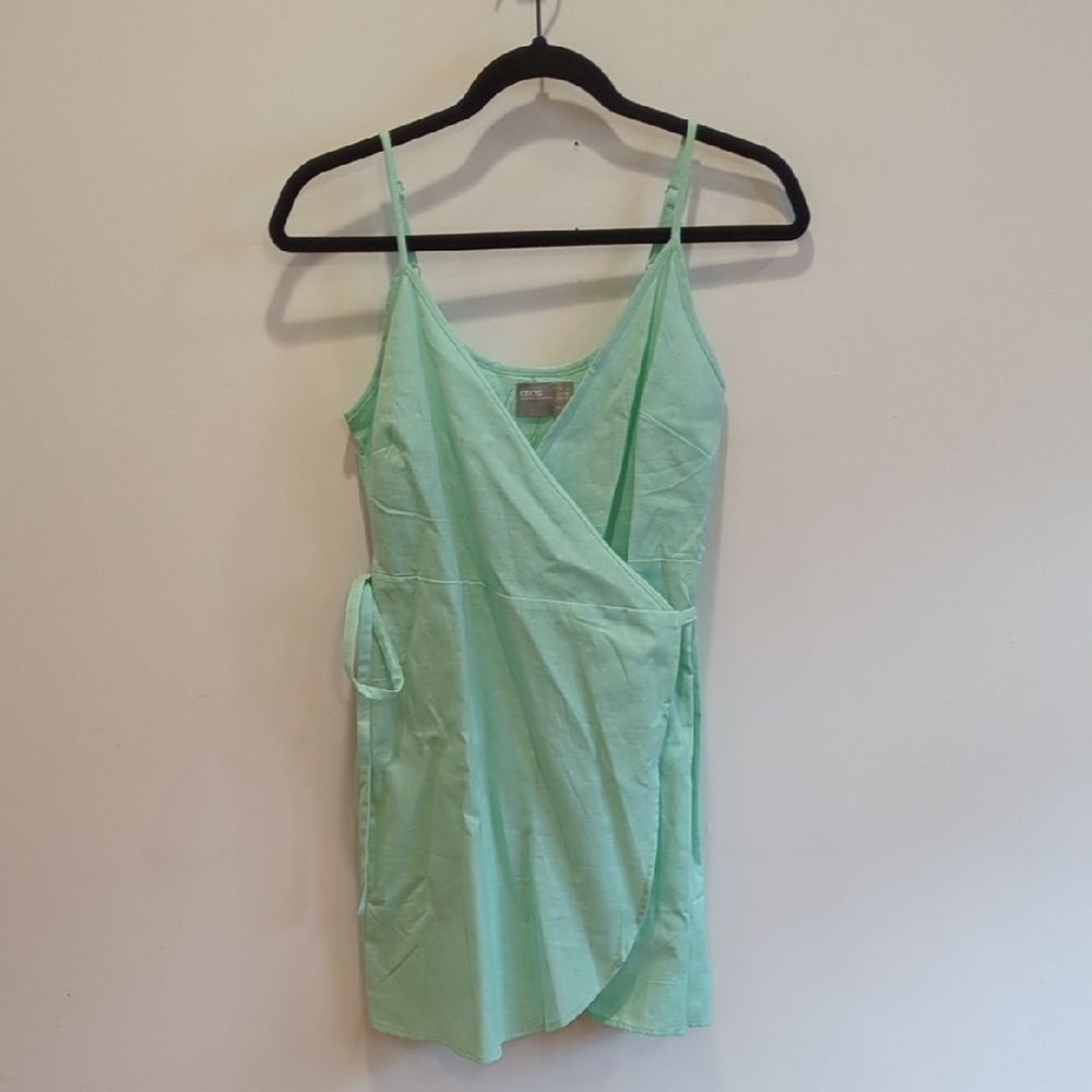 Beach Boho Coastal Cowgirl NWT ASOS Mint Green Wrap Mini Dress Cotton Linen US 4